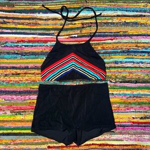 Vintage Sunset Beach High Neck Swimsuit – Striped Top & Boyshort Bottom (S/M)